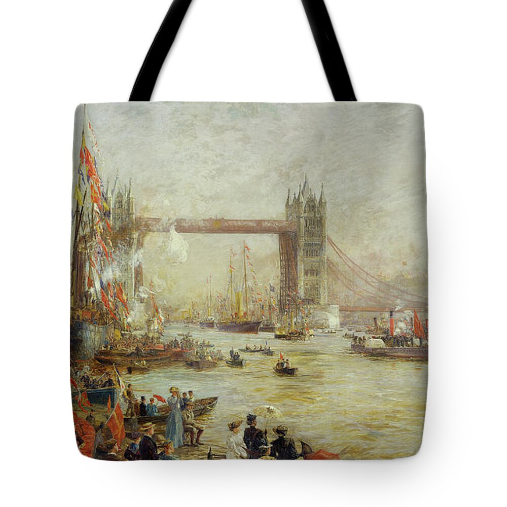 Opening Of Tower Bridge Tote Bag featuring the painting Opening of Tower Bridge by William Lionel Wyllie