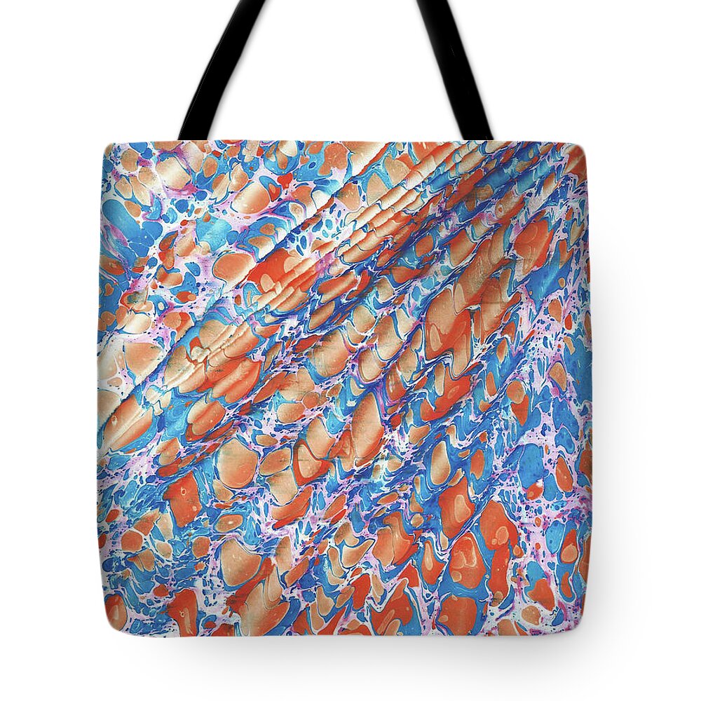 Water Marbling Tote Bag featuring the painting Orange-Blue Battal by Daniela Easter