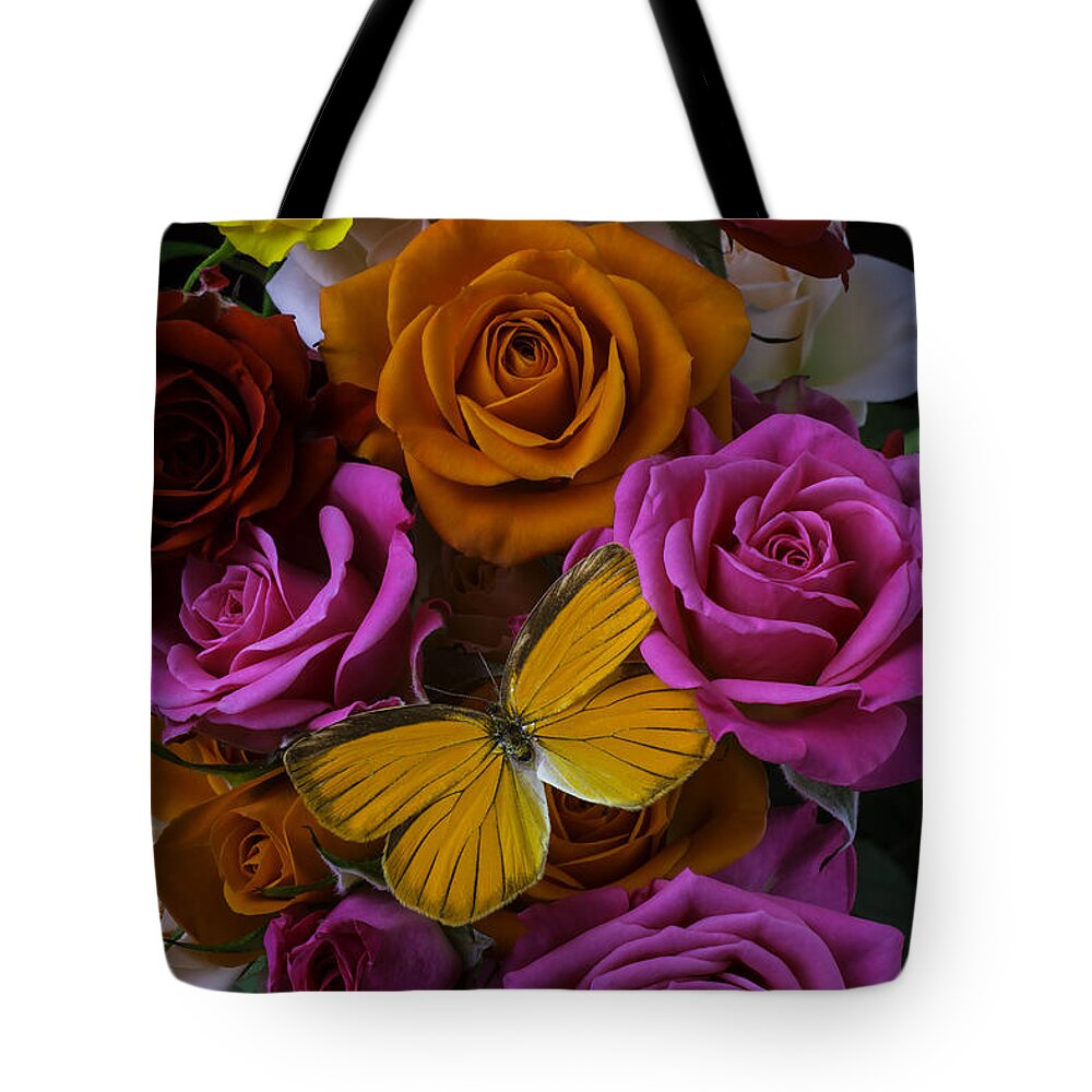 Rose Tote Bag featuring the photograph Orange Butterfly In Roses by Garry Gay