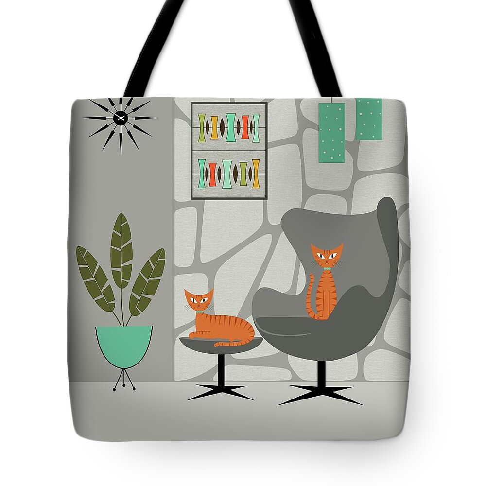 Mid Century Modern Tote Bag featuring the digital art Orange Cat in Gray Stone Wall by Donna Mibus