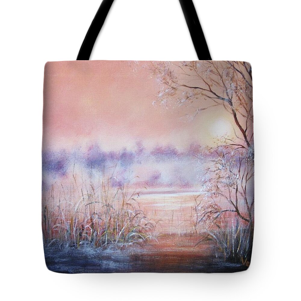 Landscape Tote Bag featuring the painting Orange Mist by Vesna Martinjak