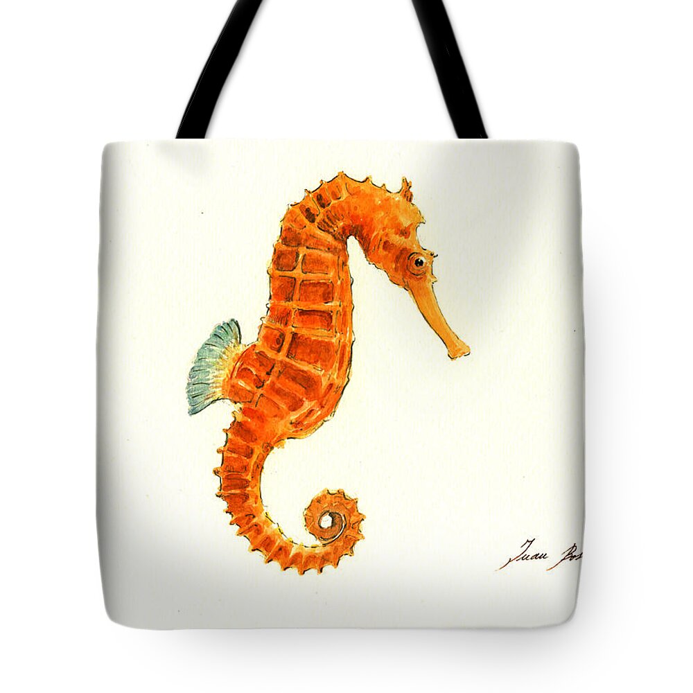 Seahorse Tote Bag featuring the painting Orange seahorse by Juan Bosco