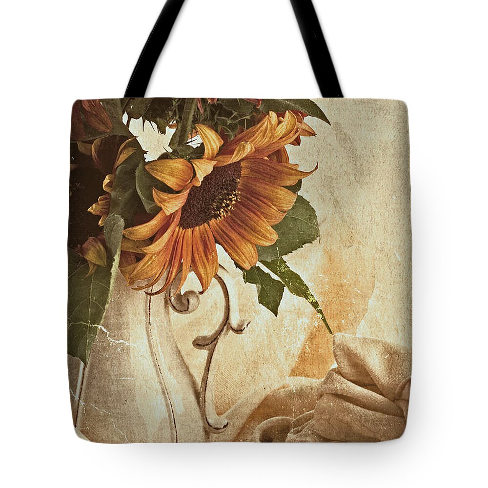 Sunflowers Tote Bag featuring the photograph Orange Sunflowers - Found In The Attic by Sandra Foster