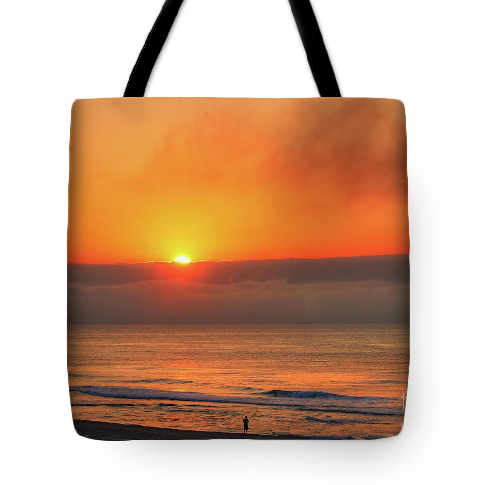Sunrise Tote Bag featuring the photograph Orange Sunrise On Long Beach Island by Jeff Breiman