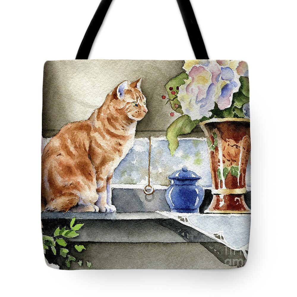 Orange Tote Bag featuring the painting Orange Tabby Cat at the Window by David Rogers