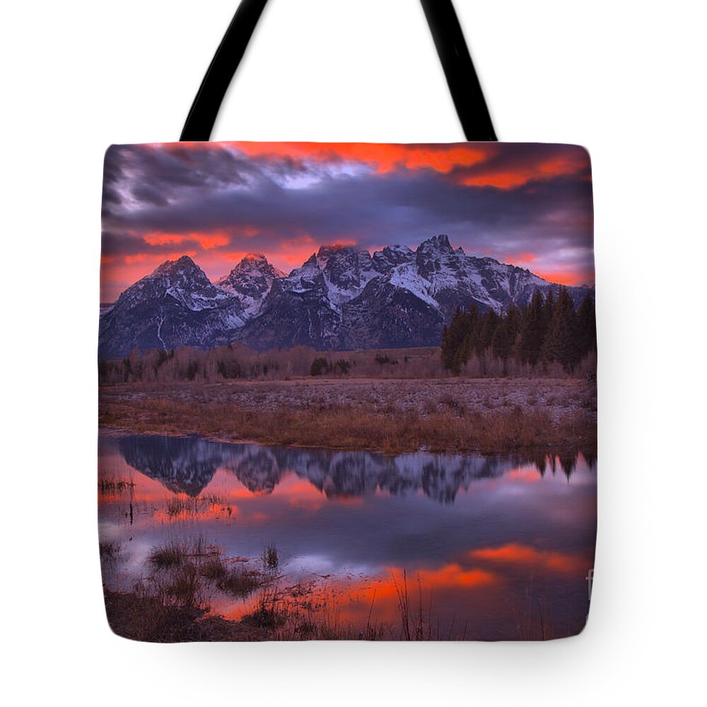 Grand Teton National Park Tote Bag featuring the photograph Orange Teton Sunset Glow by Adam Jewell