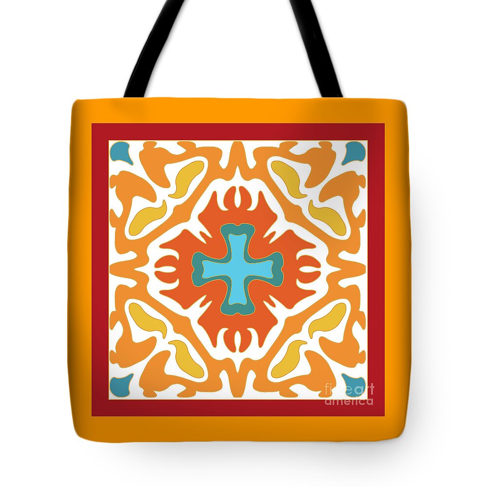 Kaleidoscope Tote Bag featuring the digital art Orange with Blue Accent Abstract by Melissa A Benson