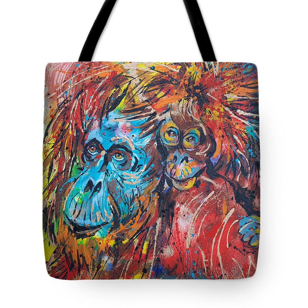Orangutan Mother And Baby Tote Bag featuring the painting Orangutan Joyful Ride by Jyotika Shroff