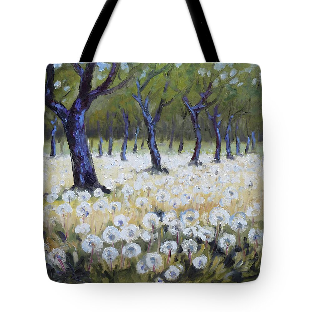 Orchard Tote Bag featuring the painting Orchard with dandelions by Irek Szelag
