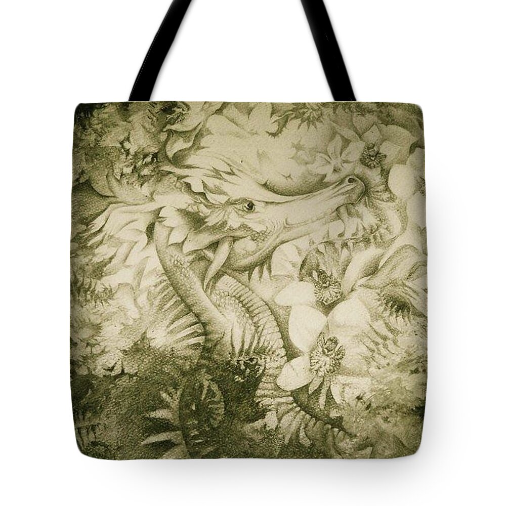 Abstract Tote Bag featuring the drawing Orchid Dragon by Leizel Grant