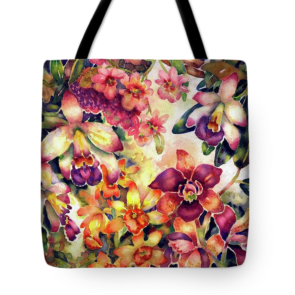 Watercolor Tote Bag featuring the painting Orchid Garden II by Ann Nicholson