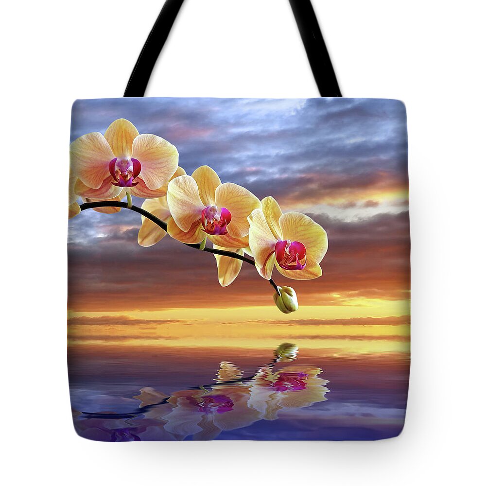 Orchid Tote Bag featuring the photograph Orchid Sunset Reflections by Gill Billington