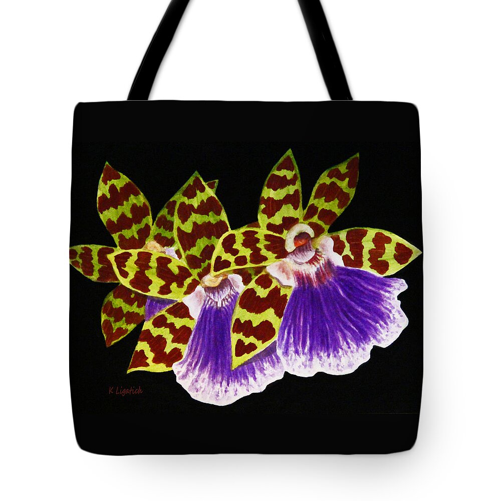 Floral Tote Bag featuring the painting Orchids - Jumping Jacks with Black Background by Kerri Ligatich