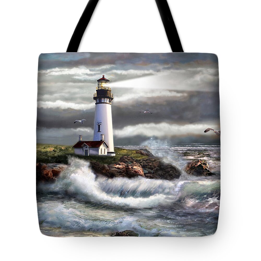 Evening Seascape Tote Bag featuring the painting Oregon Lighthouse Beam of hope by Regina Femrite