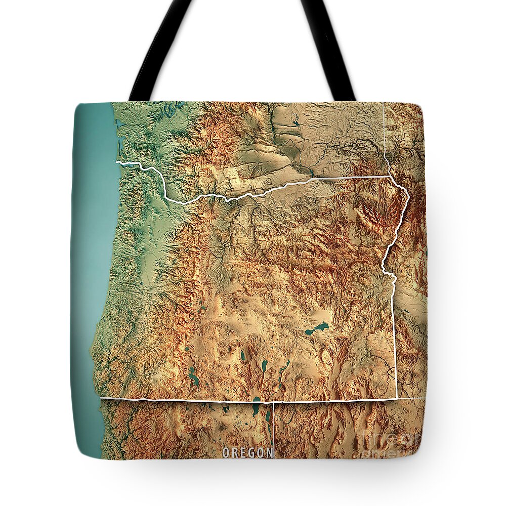 Oregon Tote Bag featuring the digital art Oregon State USA 3D Render Topographic Map Border by Frank Ramspott