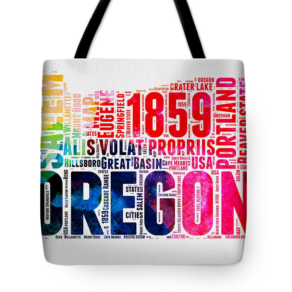 Oregon Tote Bag featuring the digital art Oregon Watercolor Word Cloud by Naxart Studio