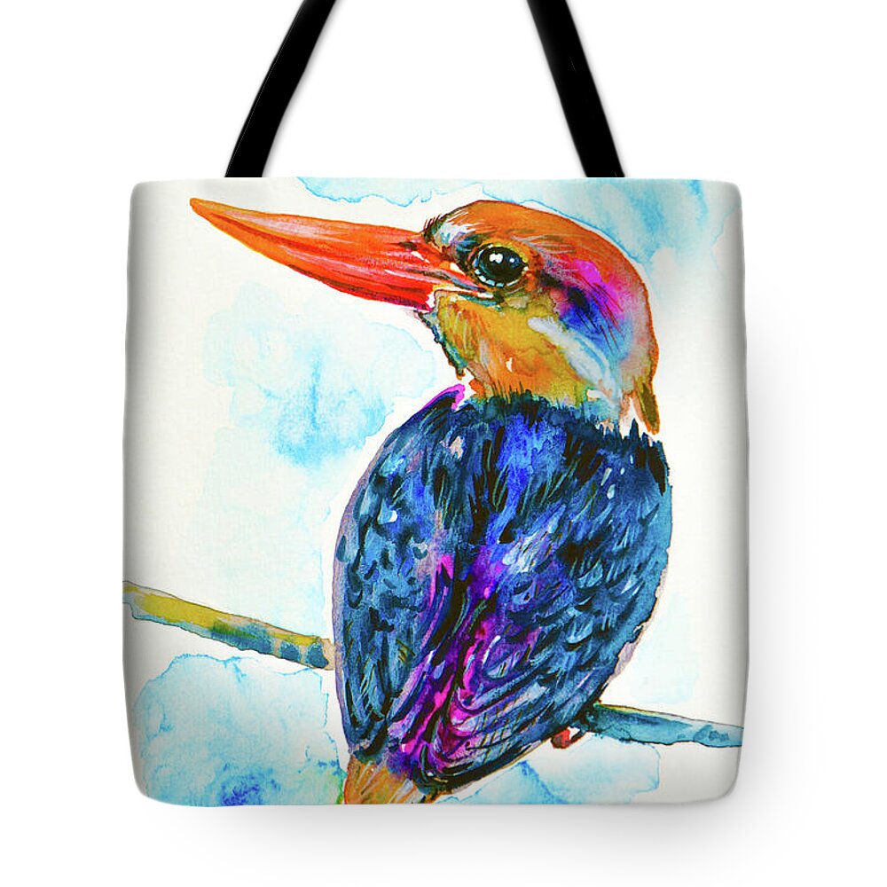 Oriental Dwarf Kingfisher Tote Bag featuring the painting Oriental Dwarf Kingfisher by Zaira Dzhaubaeva
