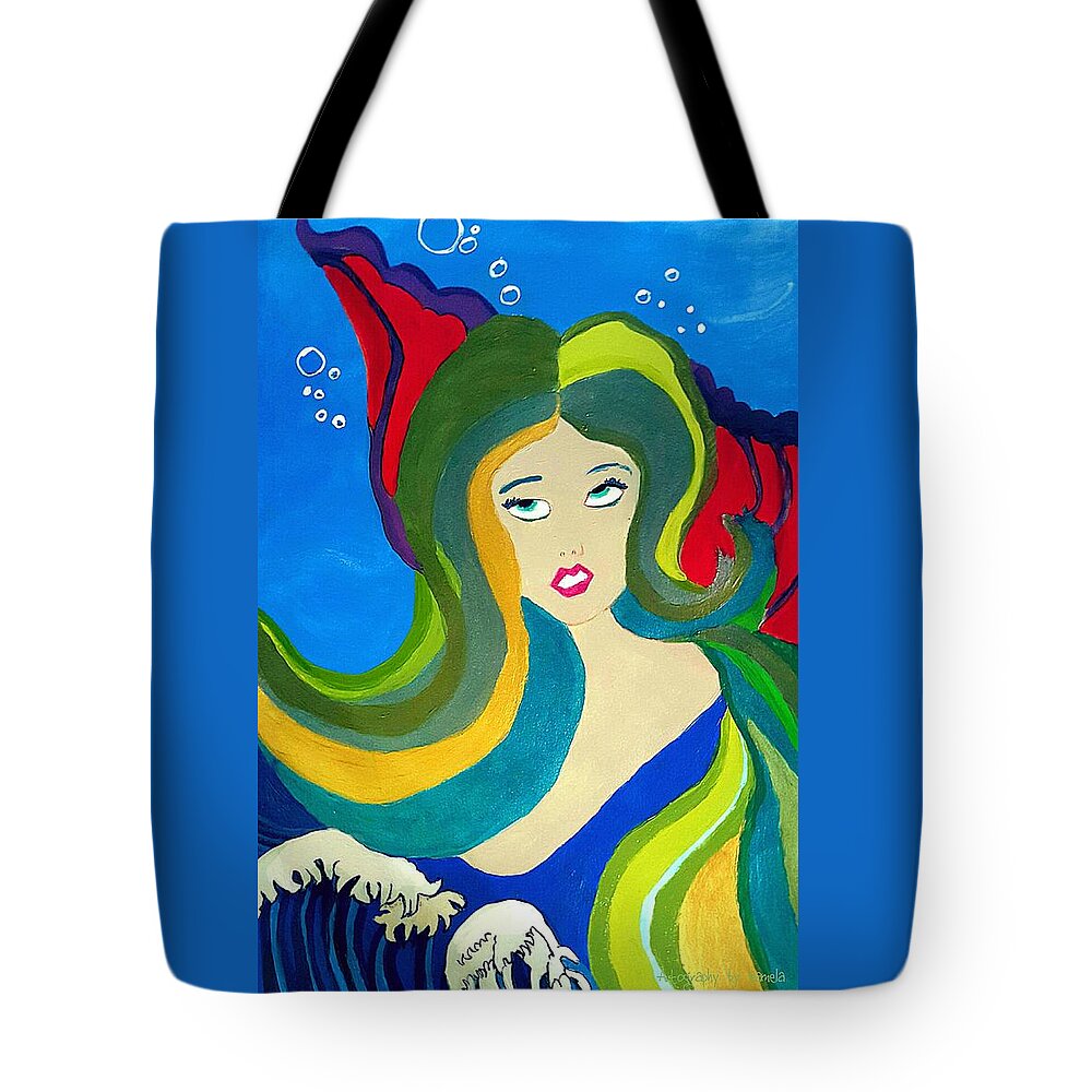 Oriental Mermaid Tote Bag featuring the painting Japanese Mermaid Bubbles by Pamela Smale Williams