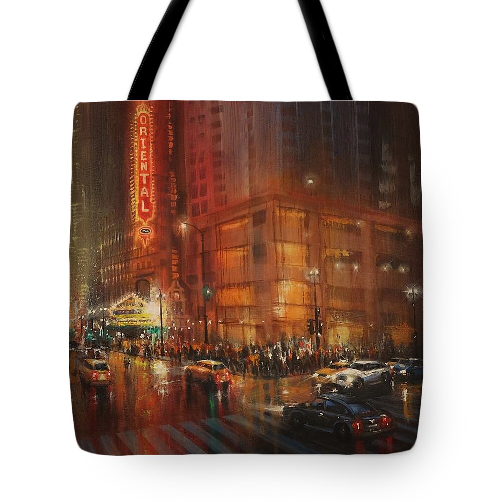 Oriental Theater Chicago Tote Bag featuring the painting Oriental Theater Chicago by Tom Shropshire