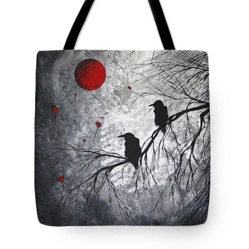 Birds Tote Bag featuring the painting Original Abstract Surreal Raven Red Blood Moon Painting The Overseers by MADART by Megan Duncanson