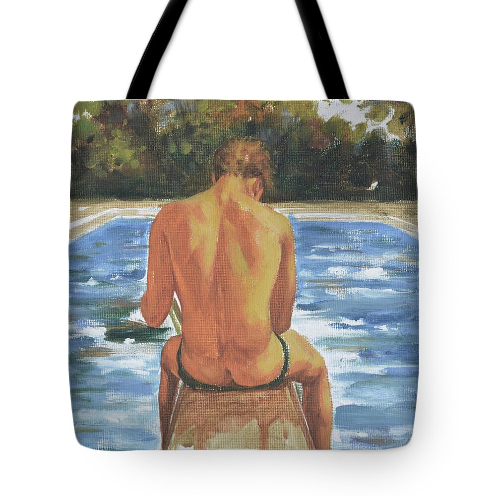 Original Art Tote Bag featuring the painting Original Art Oil Painting Male Nude Man By The Pool On Canvas Panle#16-1-25-06 by Hongtao Huang