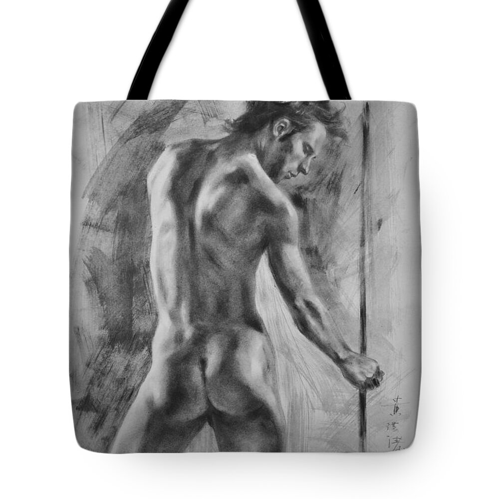 Drawing Tote Bag featuring the drawing Original Charcoal Drawing Art Male Nude On Paper #16-3-11-37 by Hongtao Huang