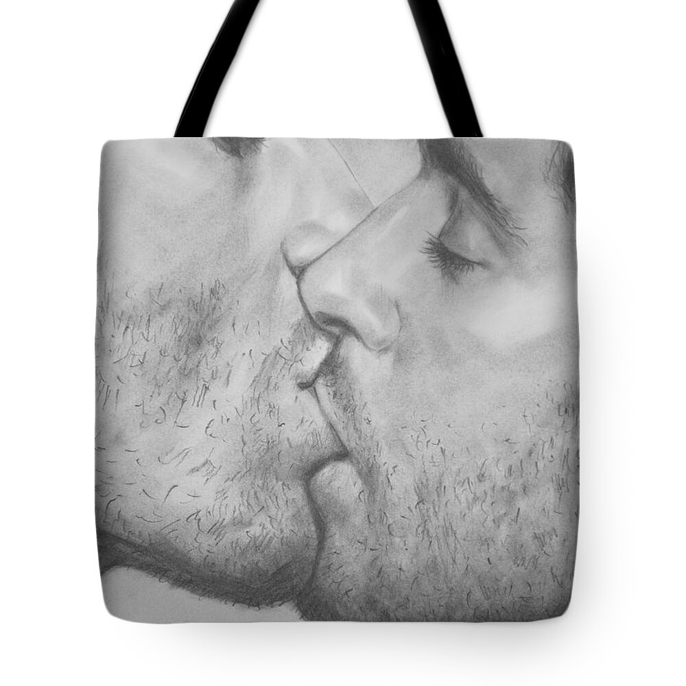 Original Drawing Tote Bag featuring the painting Original Drawing Sketch Charcoal Chalk Gay Man Art - Kiss Pencil On Paper -025 by Hongtao Huang