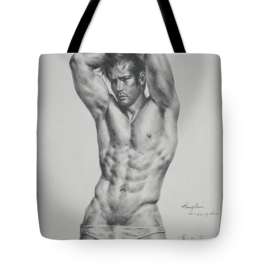 Original Art Tote Bag featuring the drawing Original Drawing Sketch Charcoal Male Nude Gay Interest Man Body Art Pencil On Paper -0056 by Hongtao Huang