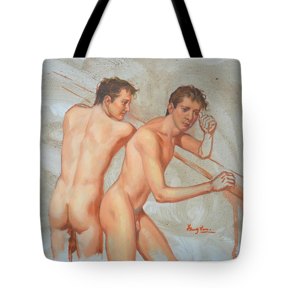 Original Artwork Tote Bag featuring the painting Original Oil Painting Artwork Male Nude Man Gay Interest On Canvas #9-019-3 by Hongtao Huang