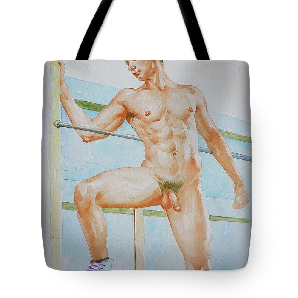Watercolour Tote Bag featuring the painting Original Watercolour Painting Art Male Nude Boy On Paper #16-3-10 by Hongtao Huang
