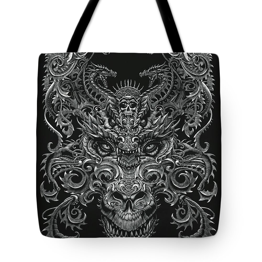 Dragon Tote Bag featuring the drawing Ornate Dragon by Stanley Morrison