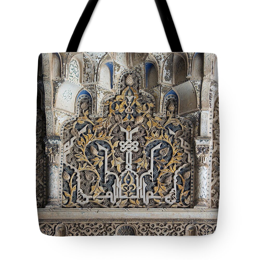 Alhambra Tote Bag featuring the photograph Ornate Plasterwork by David Kleinsasser
