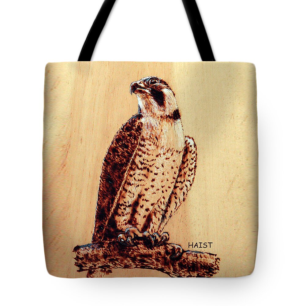 Osprey Tote Bag featuring the pyrography Osprey 2 Pillow/bag by Ron Haist