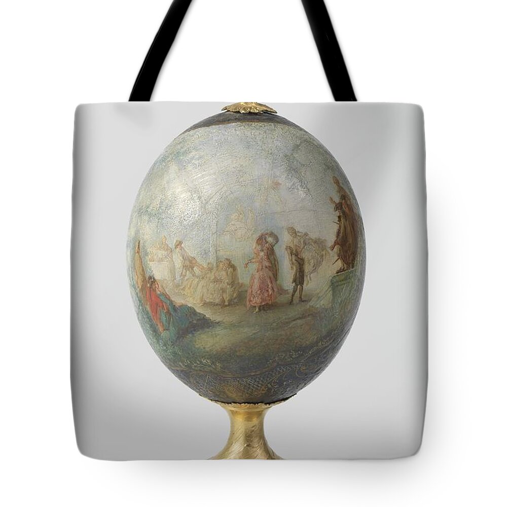 Ostrich Egg On The Basis Of Gilded Bronze Tote Bag featuring the painting Ostrich egg on the basis of gilded bronze with painted depiction of a dance in the open air with or by Vintage Collectables