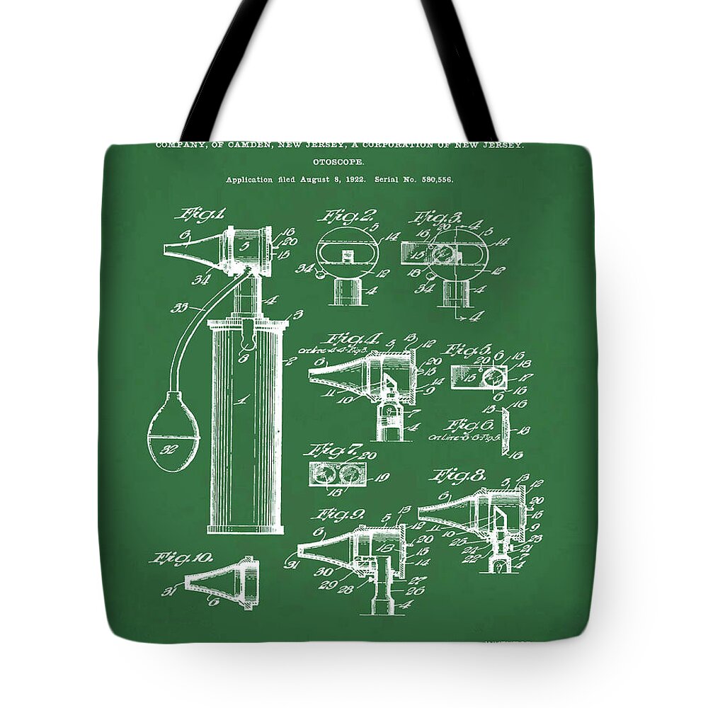 Otoscope Tote Bag featuring the digital art Otoscope Patent 1927 Green by Bill Cannon