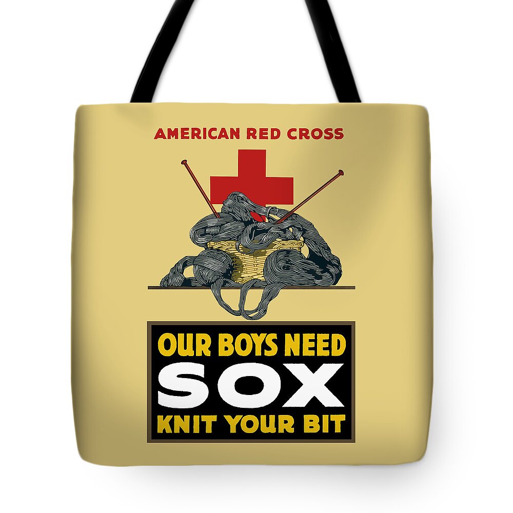 Red Cross Tote Bag featuring the painting Our Boys Need Sox - Knit Your Bit by War Is Hell Store