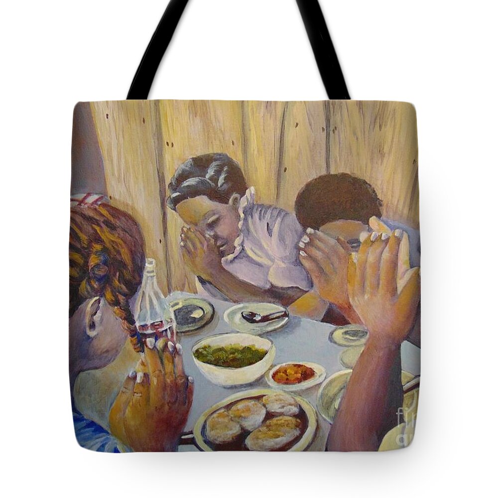 Prayer Tote Bag featuring the painting Our Daily Bread by Saundra Johnson