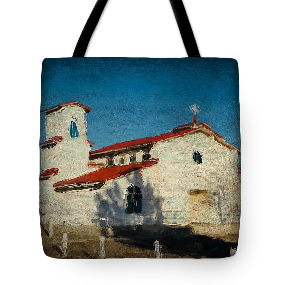 Mission Tote Bag featuring the digital art Our Lady of La Salette Mission Paint by Tatiana Travelways