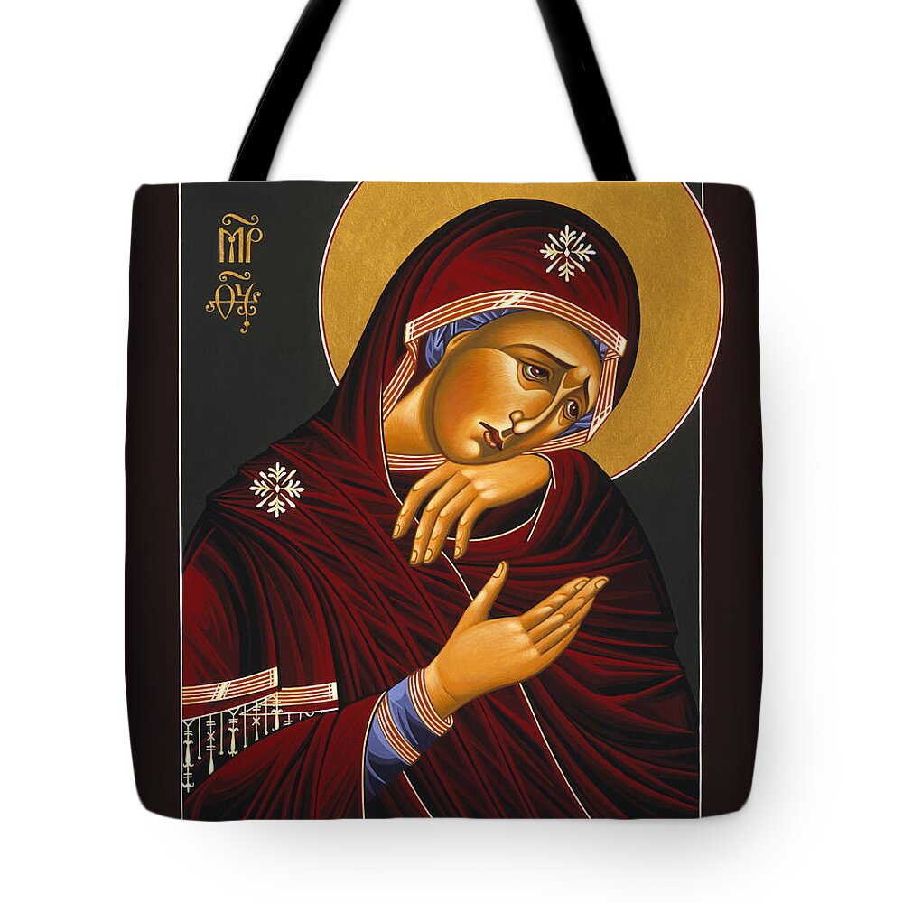 Our Lady Of Sorrows Is Part Of The Triptych Of The Passion With Jesus Christ Extreme Humility And St. John The Apostle Tote Bag featuring the painting Our Lady of Sorrows 028 by William Hart McNichols
