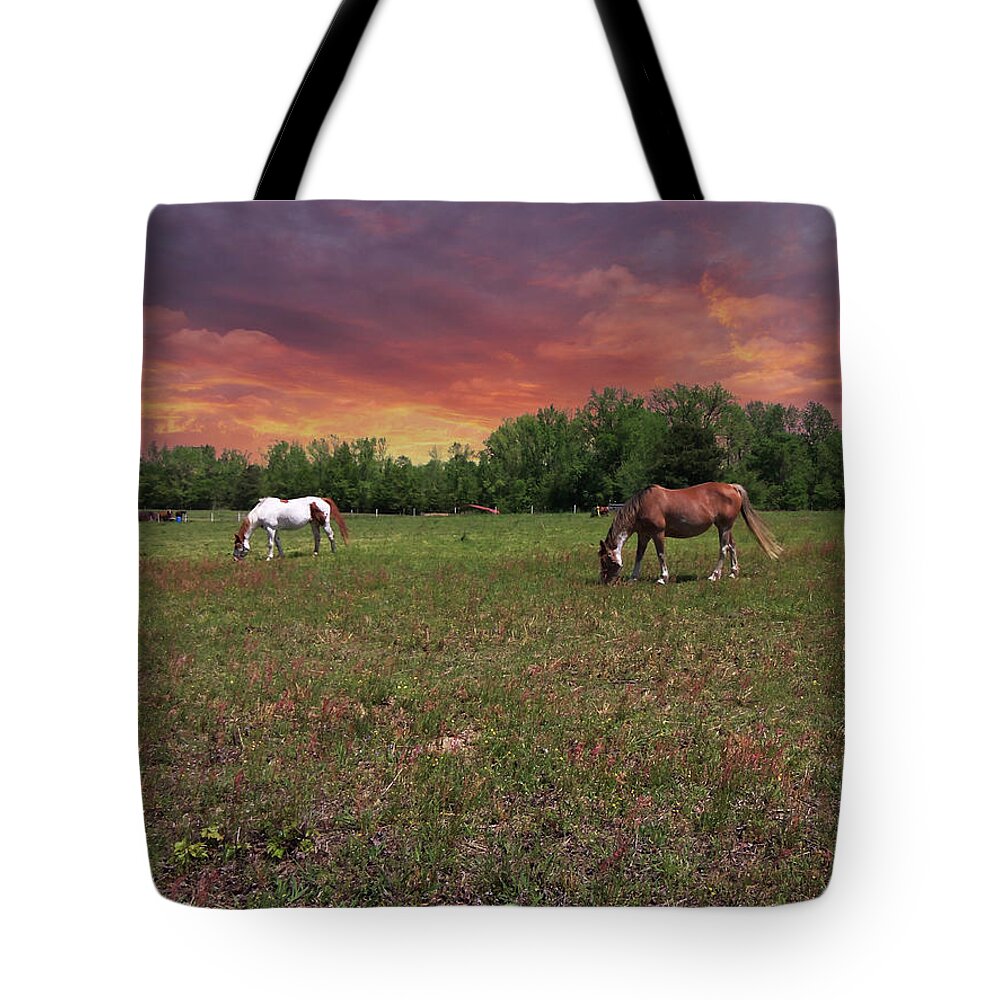 Pasture Tote Bag featuring the mixed media Out to Pasture by Lisa Stanley