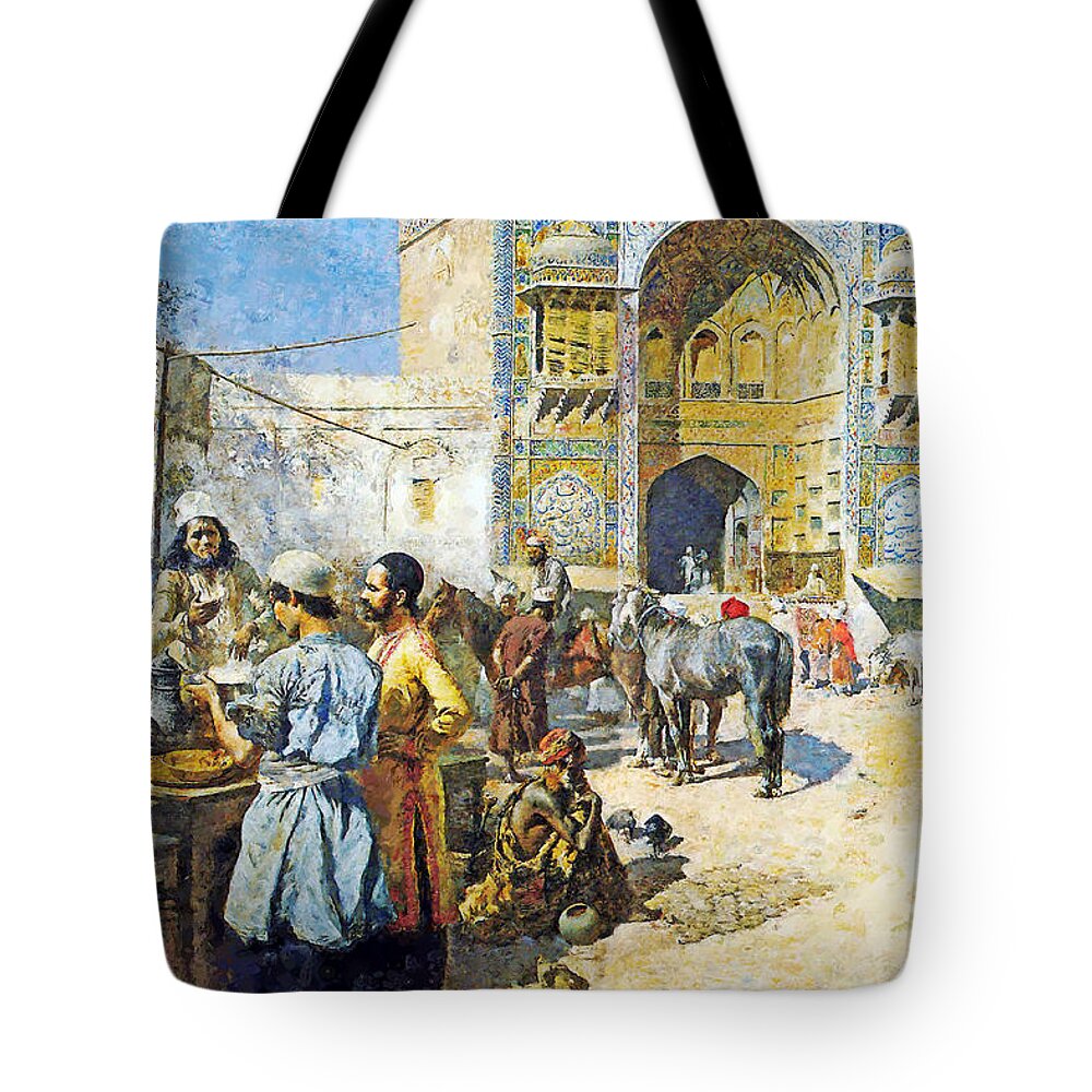 Outdoor Tote Bag featuring the painting Outdoor Market by Munir Alawi