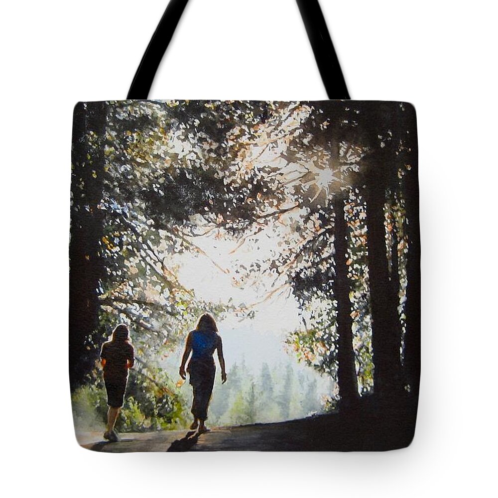 Landscape Tote Bag featuring the painting Over The Hills by Barbara Pease