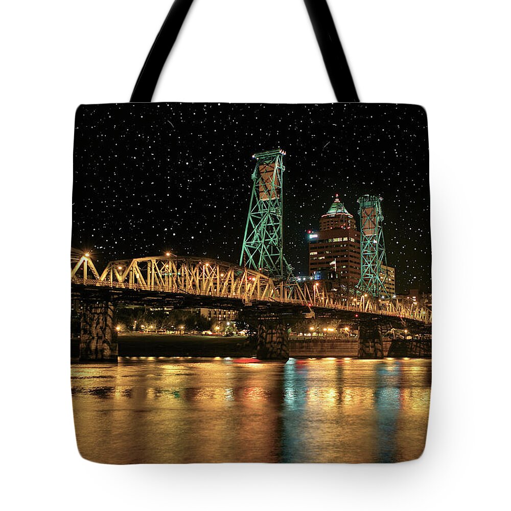 Architecture Tote Bag featuring the photograph Over the Willamette Under the Stars by SC Heffner