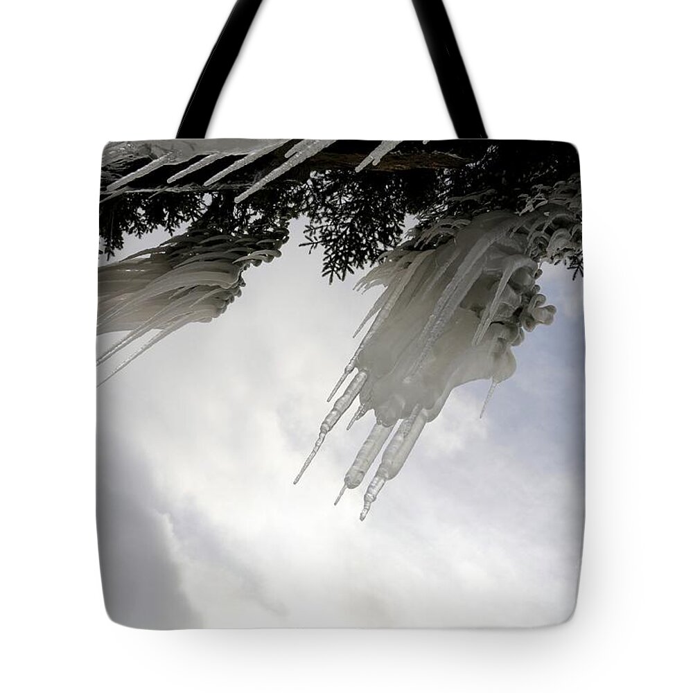 Lake Superior Tote Bag featuring the photograph Overhanging Icicles by Sandra Updyke