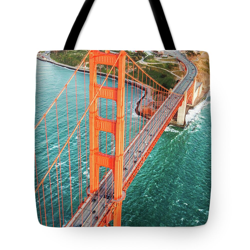 Architecture Tote Bag featuring the photograph Overhead aerial of Golden gate bridge, San Francisco, USA by Matteo Colombo