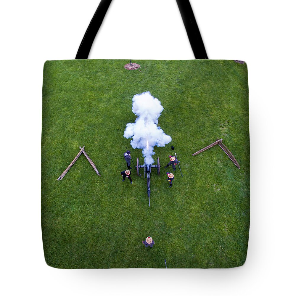 Cannon Tote Bag featuring the photograph Overhead Cannon Fire by Star City SkyCams