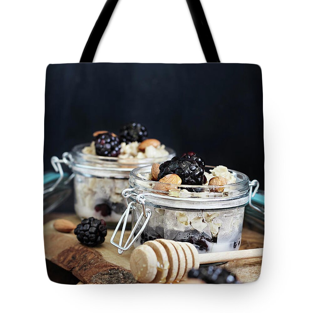 Overnight Oatmeal Tote Bag featuring the photograph Overnight Oatmeal with blackberries and Honey by Stephanie Frey