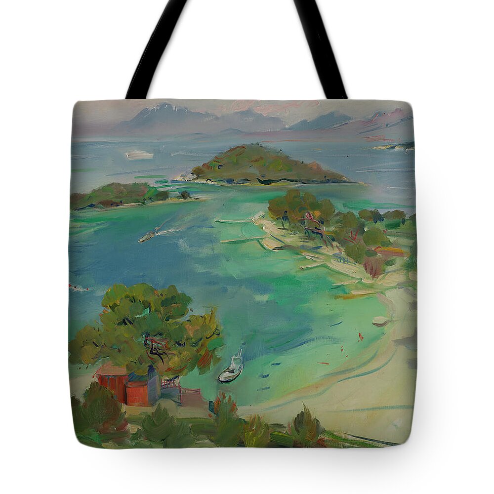 Overview Tote Bag featuring the painting Overview of Ksamil, Saranda, Albania by Buron Kaceli