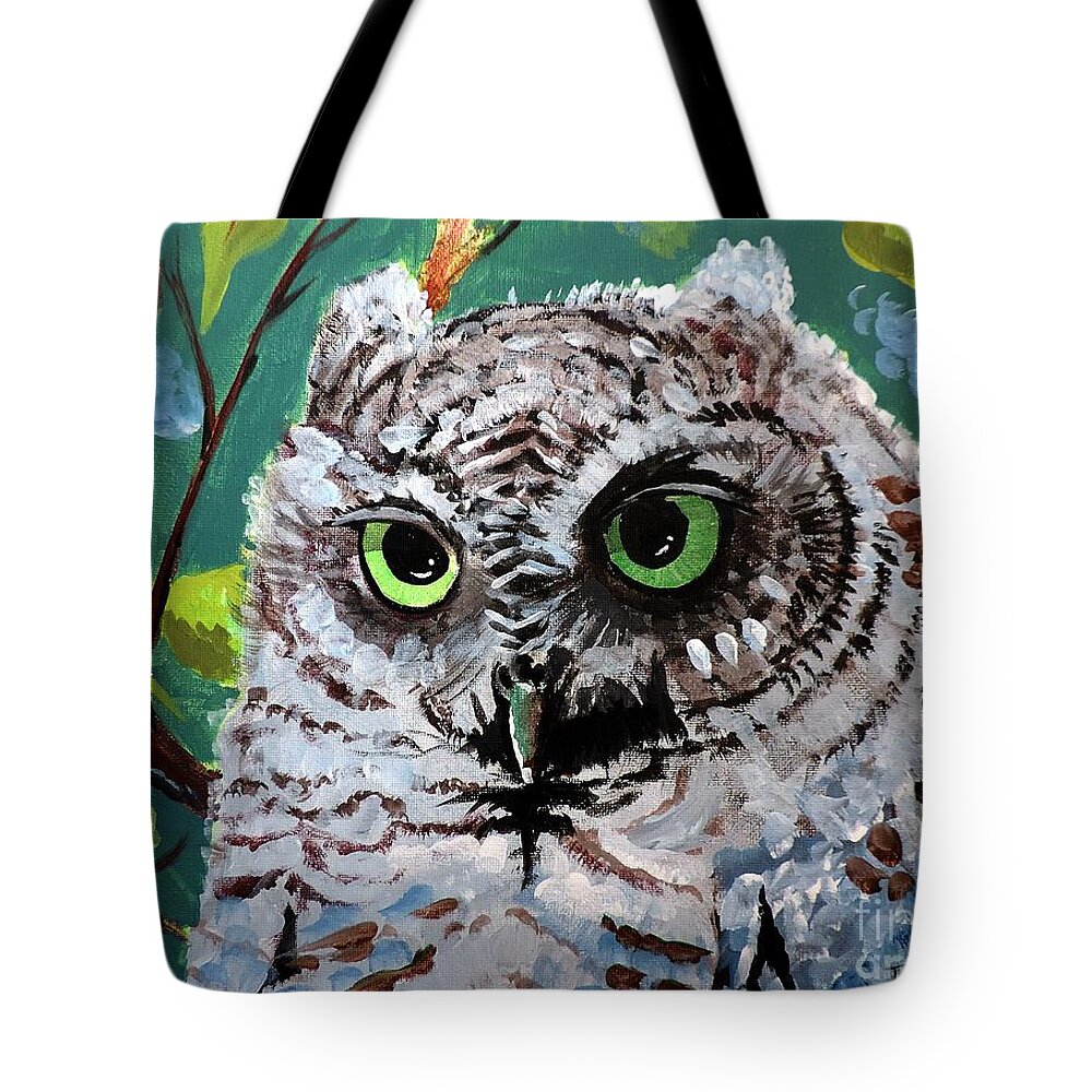 Baby Owl Tote Bag featuring the painting Owl Be Seeing You by Tom Riggs