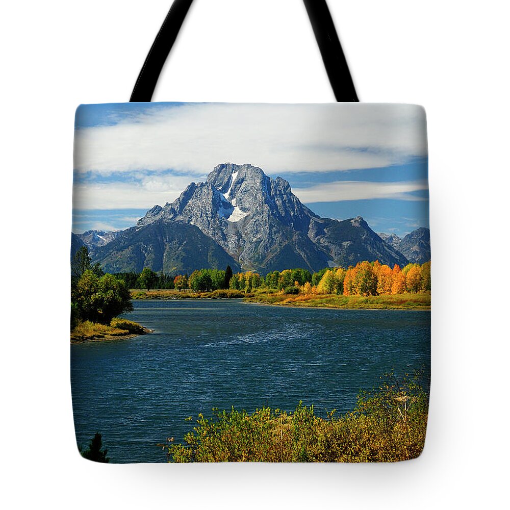 Mt. Moran Tote Bag featuring the photograph Oxbow Bend In Autumn borderless by Greg Norrell